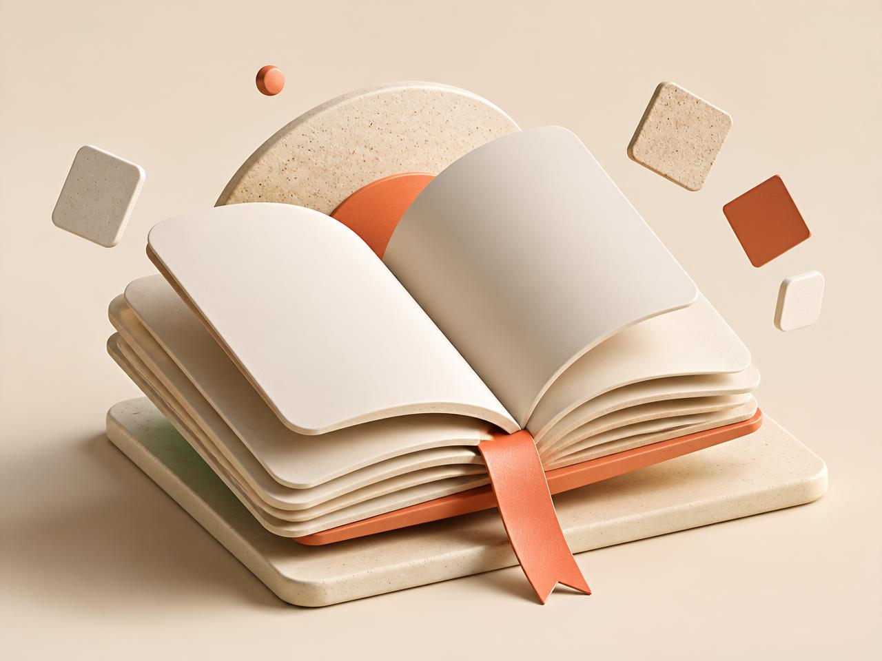Abstract 3D open book with floating tiles